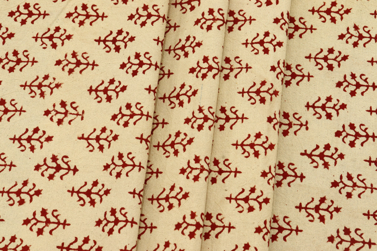 Hand Stamped Cotton Fabric: Beige & Red Mughal Print, Lightweight Summer Dress Material