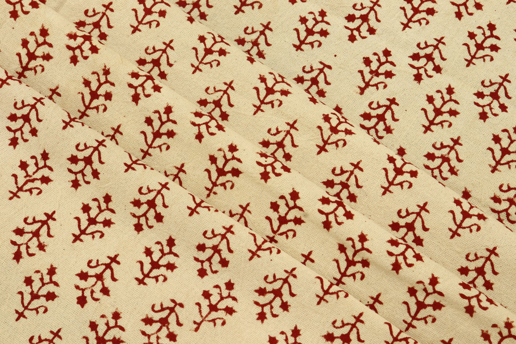 Hand Stamped Cotton Fabric: Beige & Red Mughal Print, Lightweight Summer Dress Material