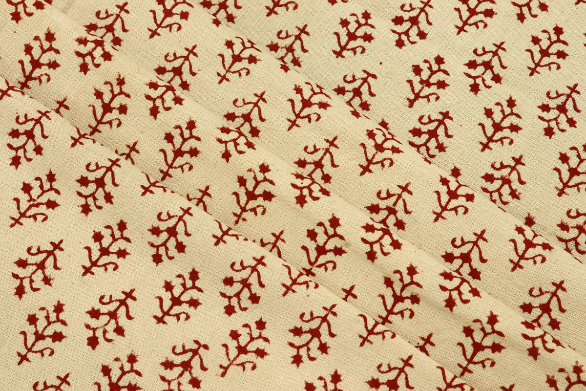 Hand Stamped Cotton Fabric: Beige & Red Mughal Print, Lightweight Summer Dress Material