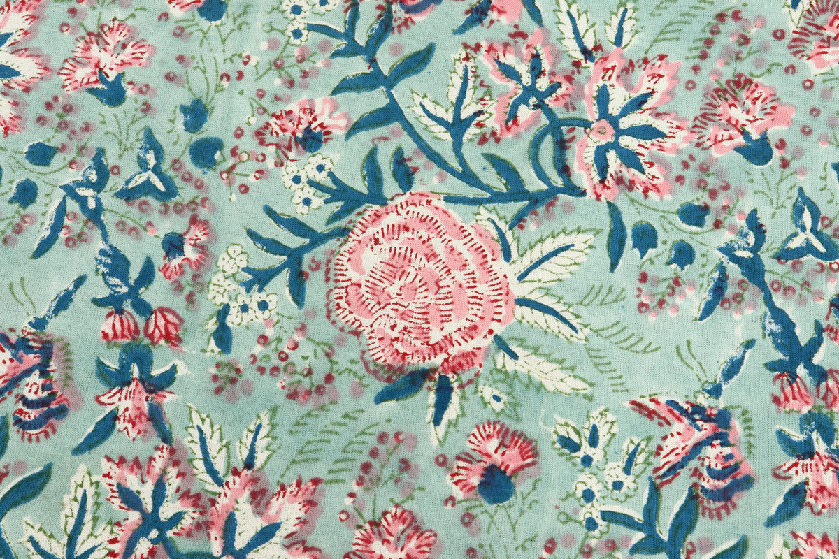 Floral Block Print Cotton Fabric: Green, Blue, Pink Mughal Design