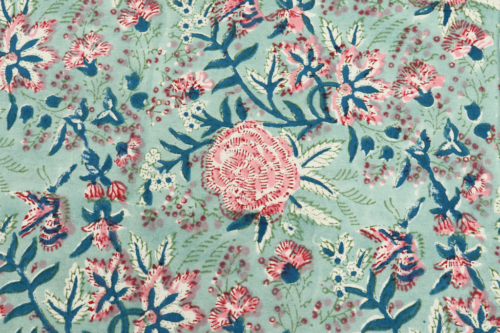 Floral Block Print Cotton Fabric: Green, Blue, Pink Mughal Design