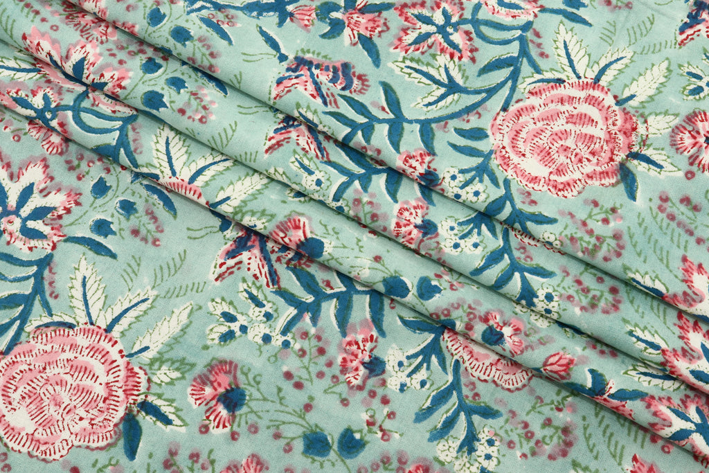 Floral Block Print Cotton Fabric: Green, Blue, Pink Mughal Design