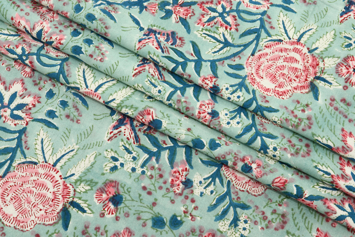 Floral Block Print Cotton Fabric: Green, Blue, Pink Mughal Design