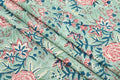Floral Block Print Cotton Fabric: Green, Blue, Pink Mughal Design