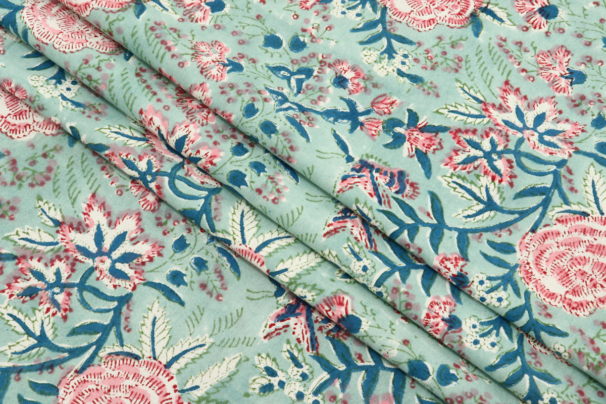 Floral Block Print Cotton Fabric: Green, Blue, Pink Mughal Design