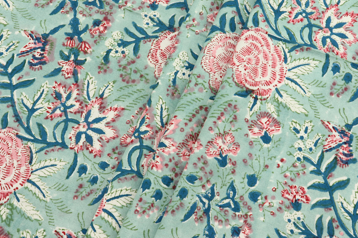 Floral Block Print Cotton Fabric: Green, Blue, Pink Mughal Design
