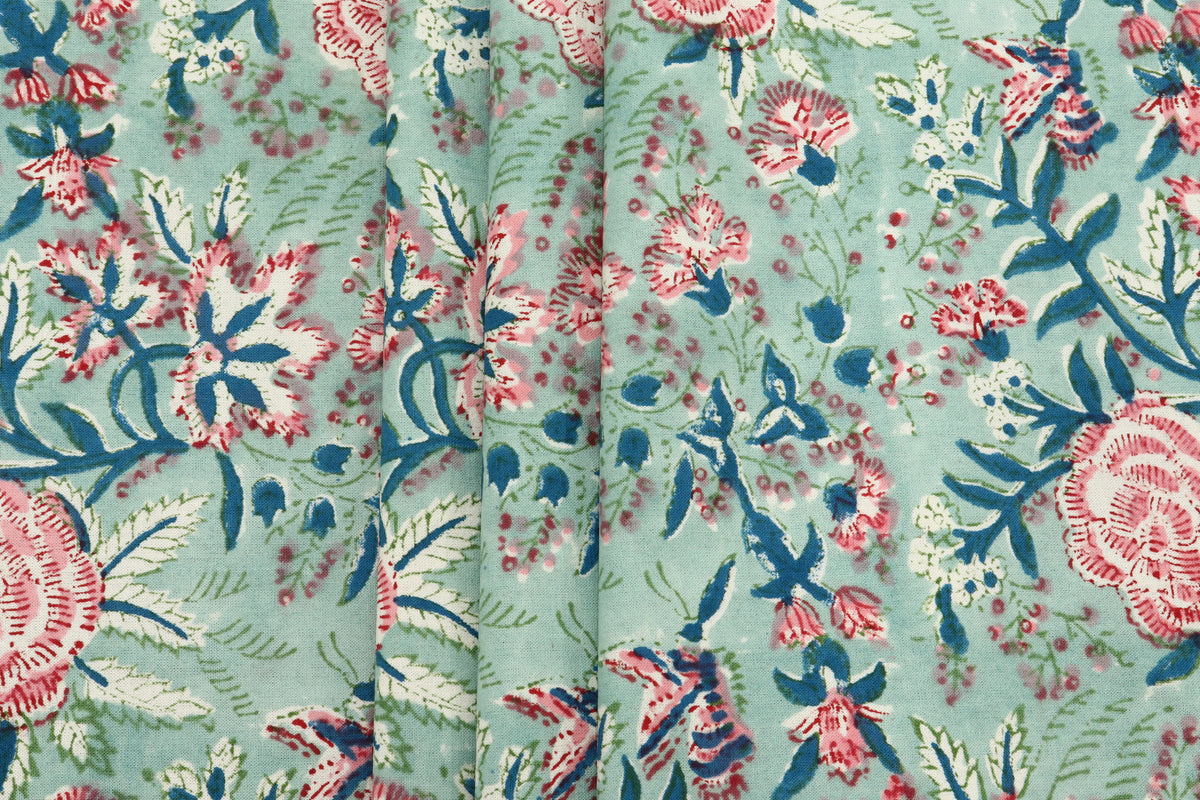 Floral Block Print Cotton Fabric: Green, Blue, Pink Mughal Design