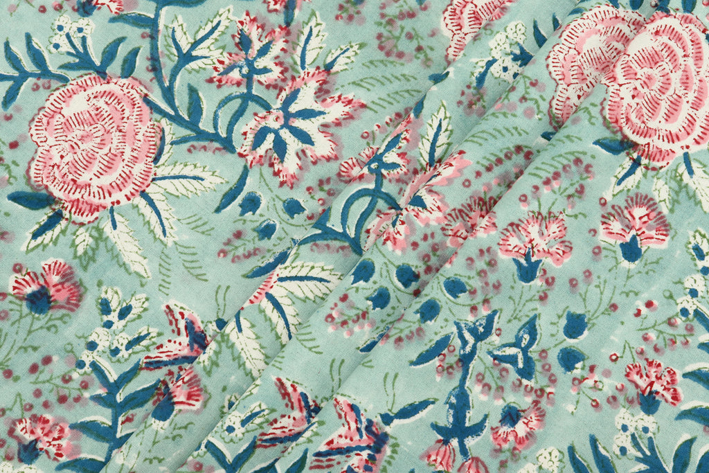 Floral Block Print Cotton Fabric: Green, Blue, Pink Mughal Design