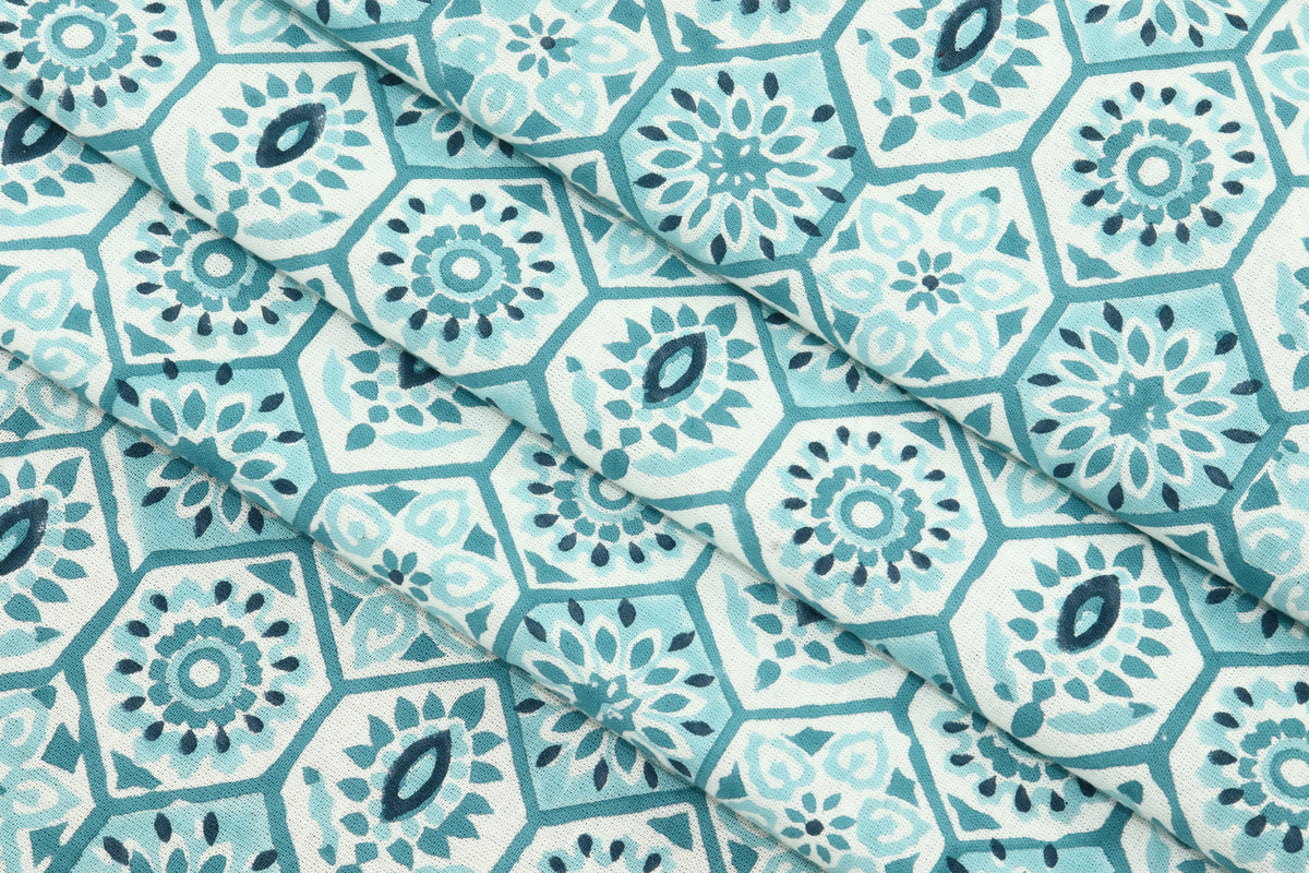 Blue Mughal Print Cotton Fabric: Indian Block Print By The Yard