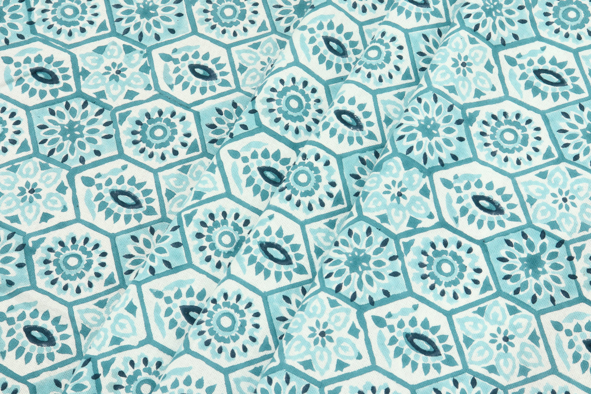 Blue Mughal Print Cotton Fabric: Indian Block Print By The Yard