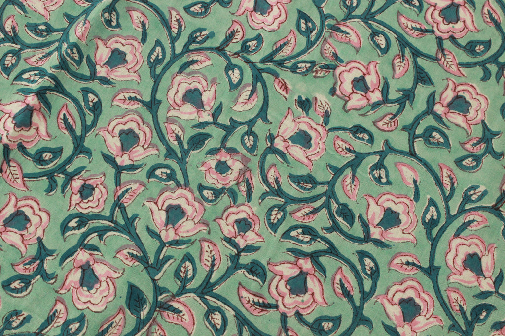 Floral Block Print Linen Fabric: Green & Pink Mughal Design