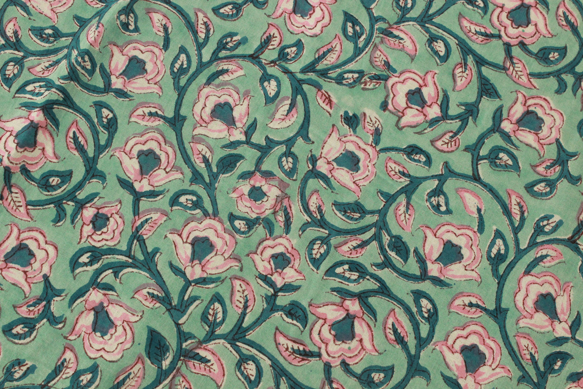 Floral Block Print Linen Fabric: Green & Pink Mughal Design