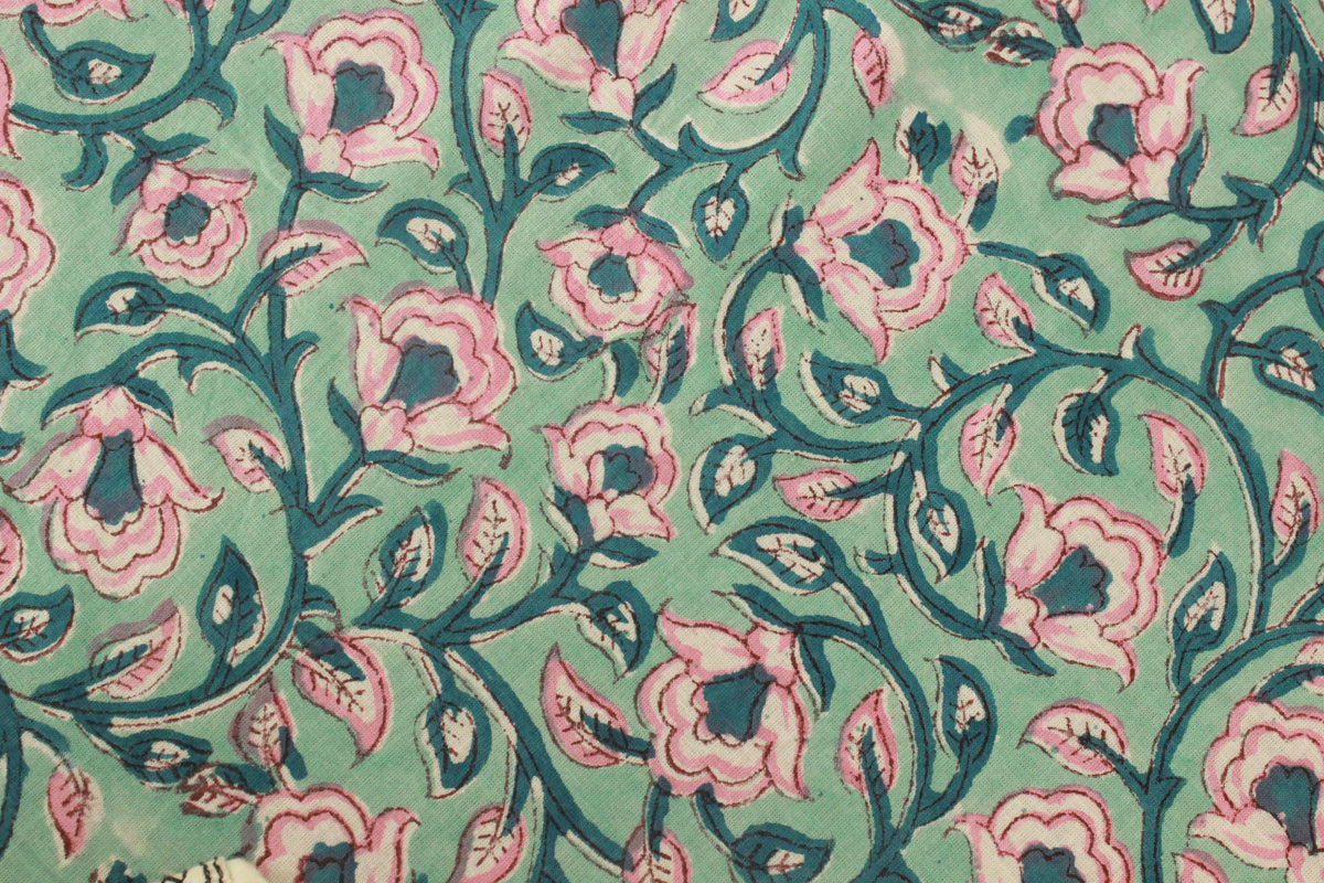 Floral Block Print Linen Fabric: Green & Pink Mughal Design