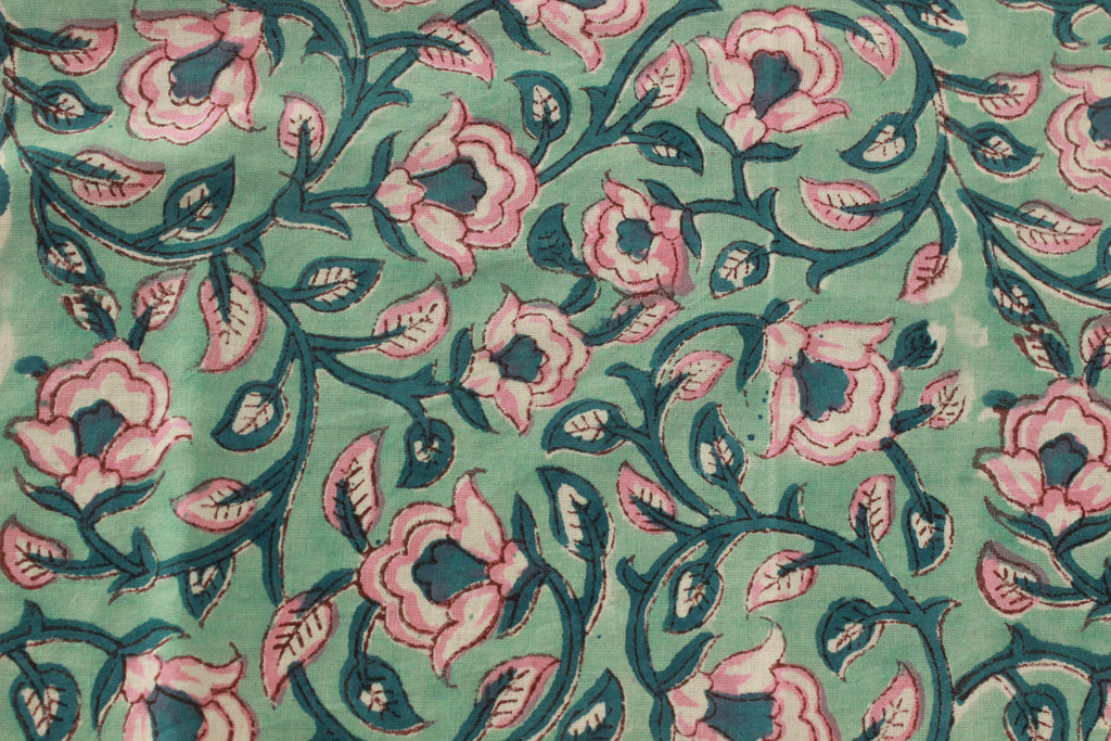 Floral Block Print Linen Fabric: Green & Pink Mughal Design