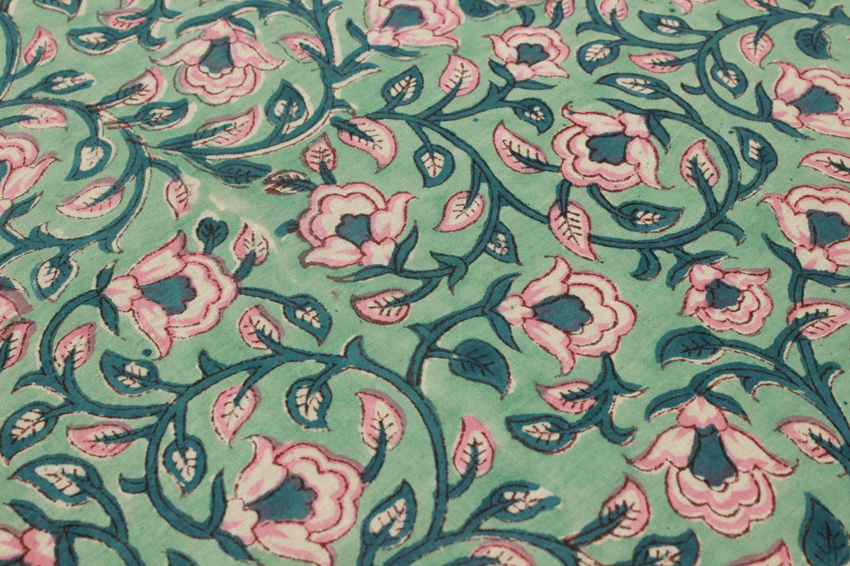 Floral Block Print Linen Fabric: Green & Pink Mughal Design
