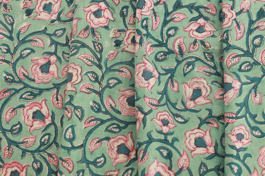 Floral Block Print Linen Fabric: Green & Pink Mughal Design