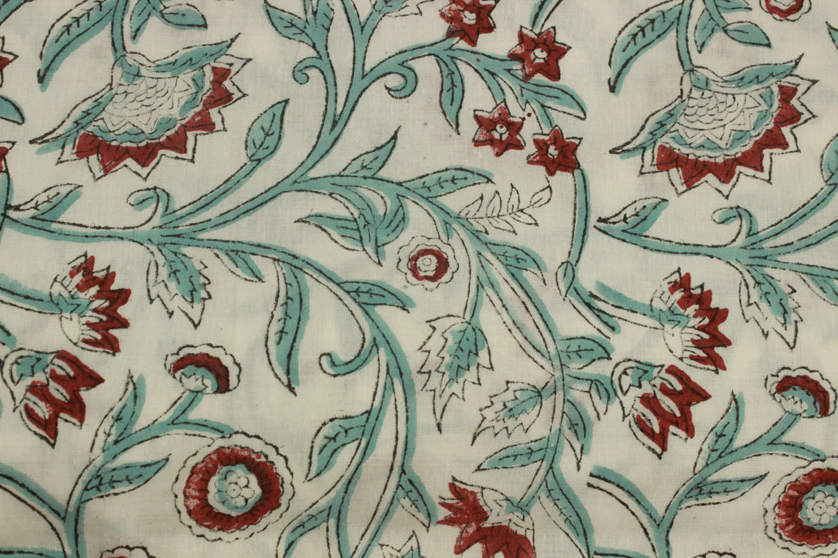 Floral Block Print Cotton Fabric: Red, Green, and White Indian Fabric