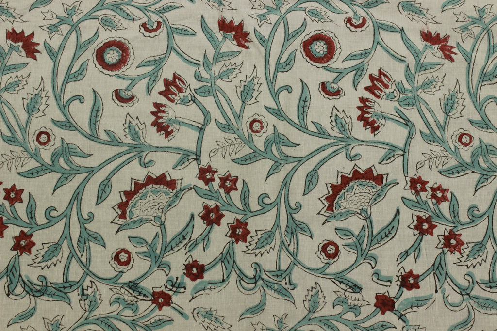 Floral Block Print Cotton Fabric: Red, Green, and White Indian Fabric