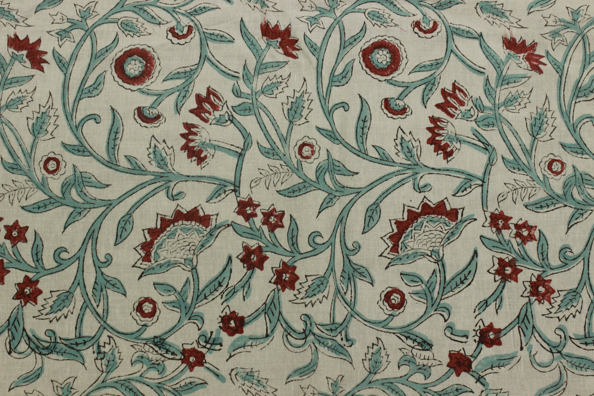 Floral Block Print Cotton Fabric: Red, Green, and White Indian Fabric