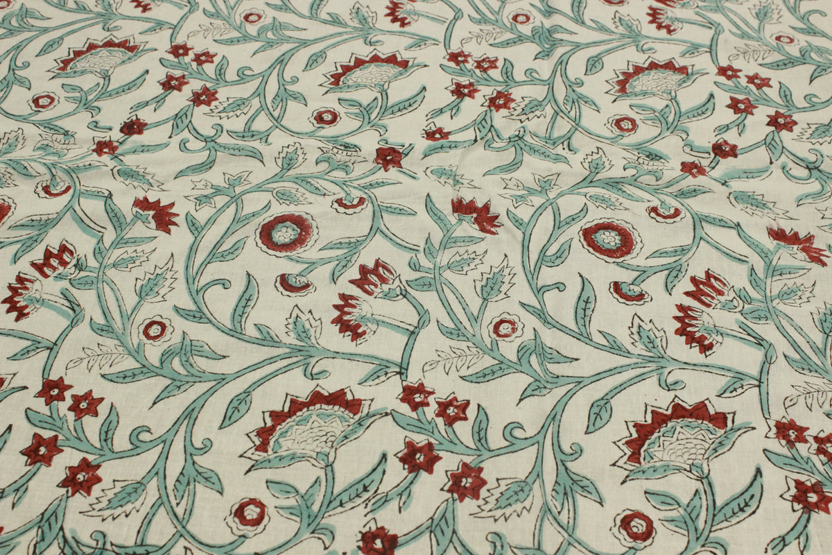 Floral Block Print Cotton Fabric: Red, Green, and White Indian Fabric