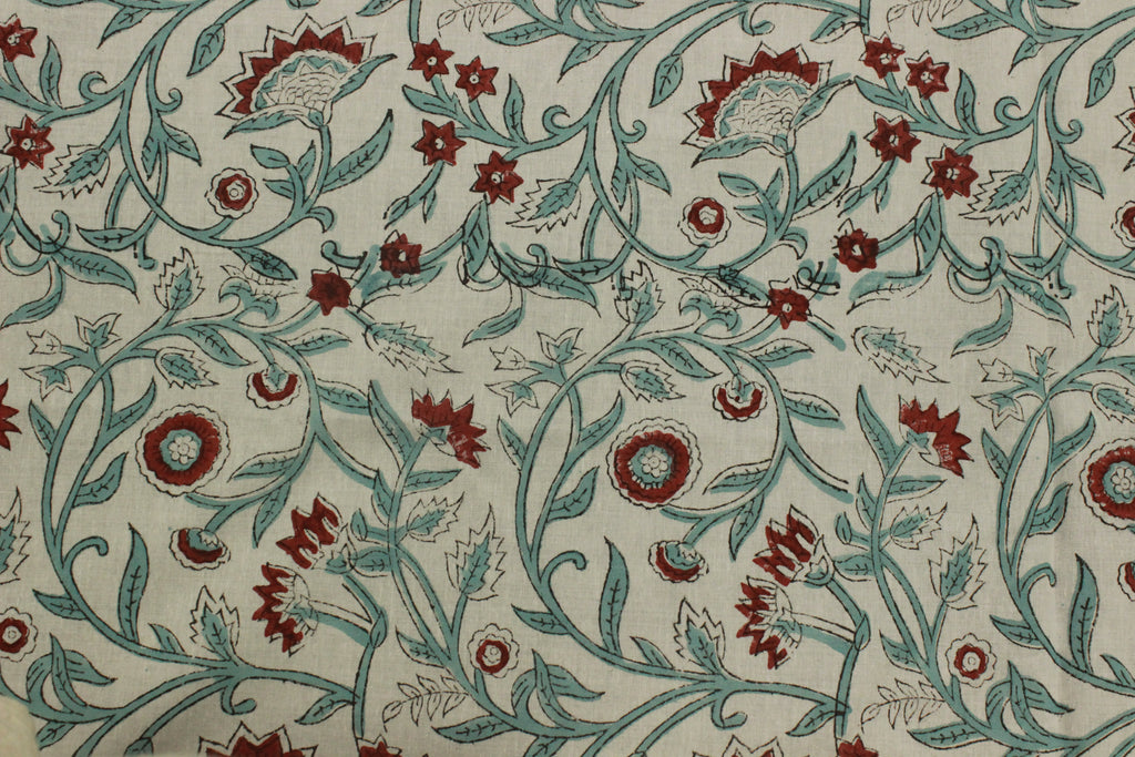 Floral Block Print Cotton Fabric: Red, Green, and White Indian Fabric
