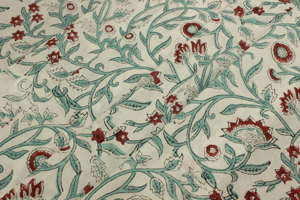 Floral Block Print Cotton Fabric: Red, Green, and White Indian Fabric