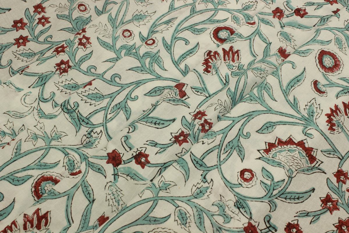 Floral Block Print Cotton Fabric: Red, Green, and White Indian Fabric