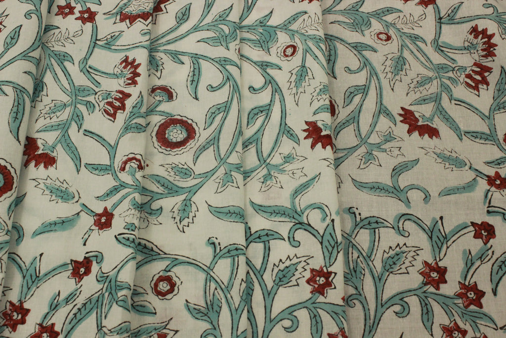 Floral Block Print Cotton Fabric: Red, Green, and White Indian Fabric