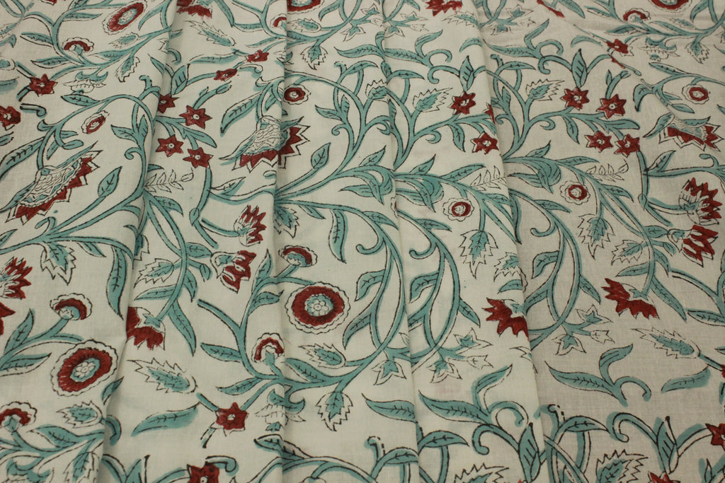 Floral Block Print Cotton Fabric: Red, Green, and White Indian Fabric
