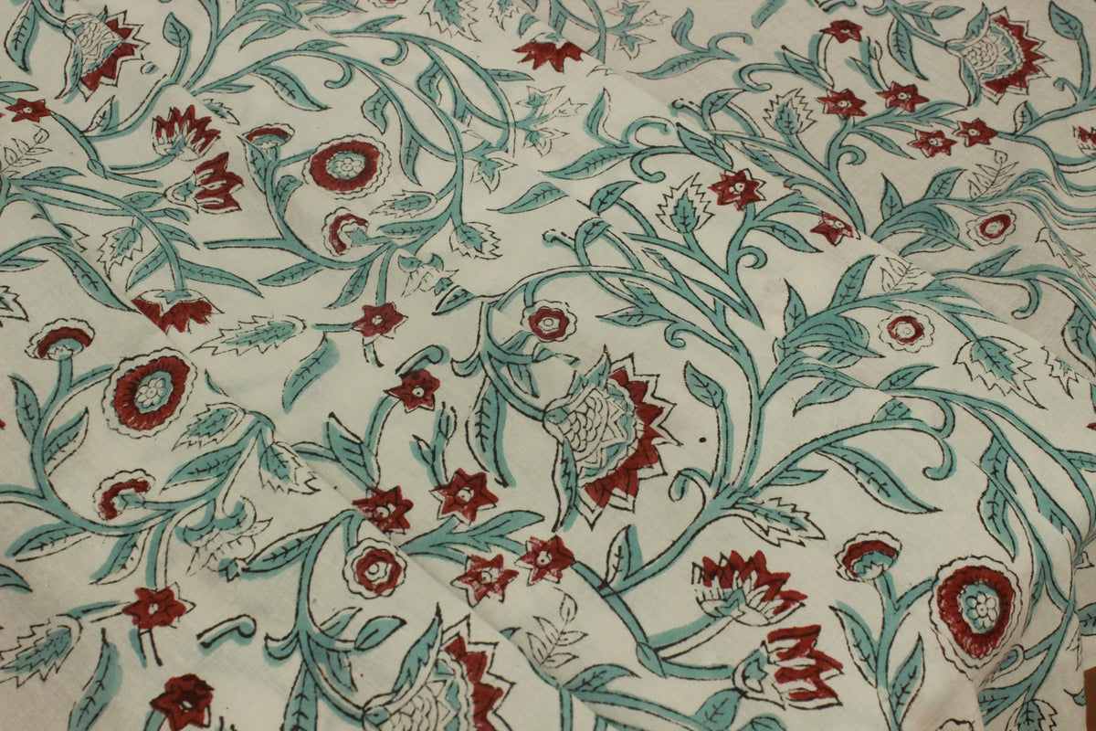 Floral Block Print Cotton Fabric: Red, Green, and White Indian Fabric