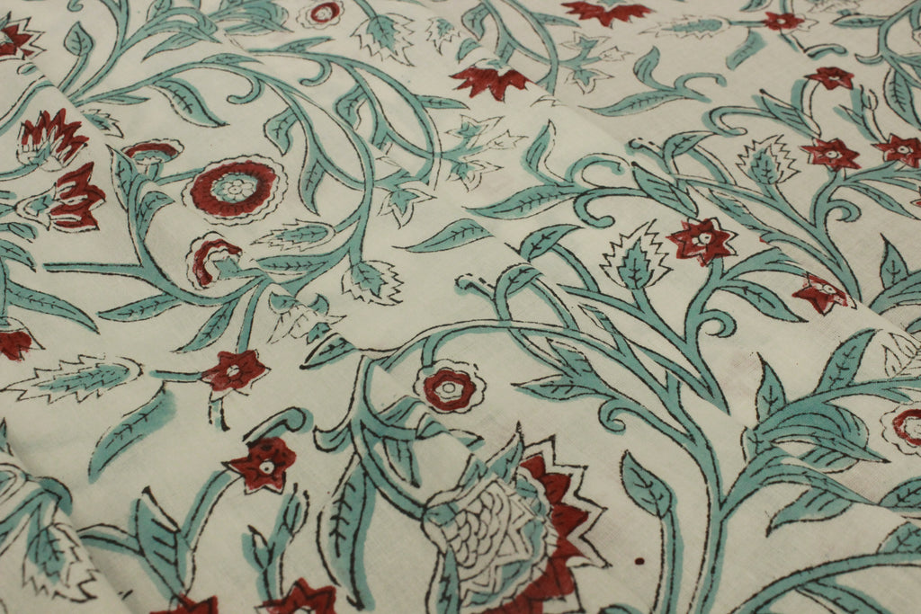 Floral Block Print Cotton Fabric: Red, Green, and White Indian Fabric