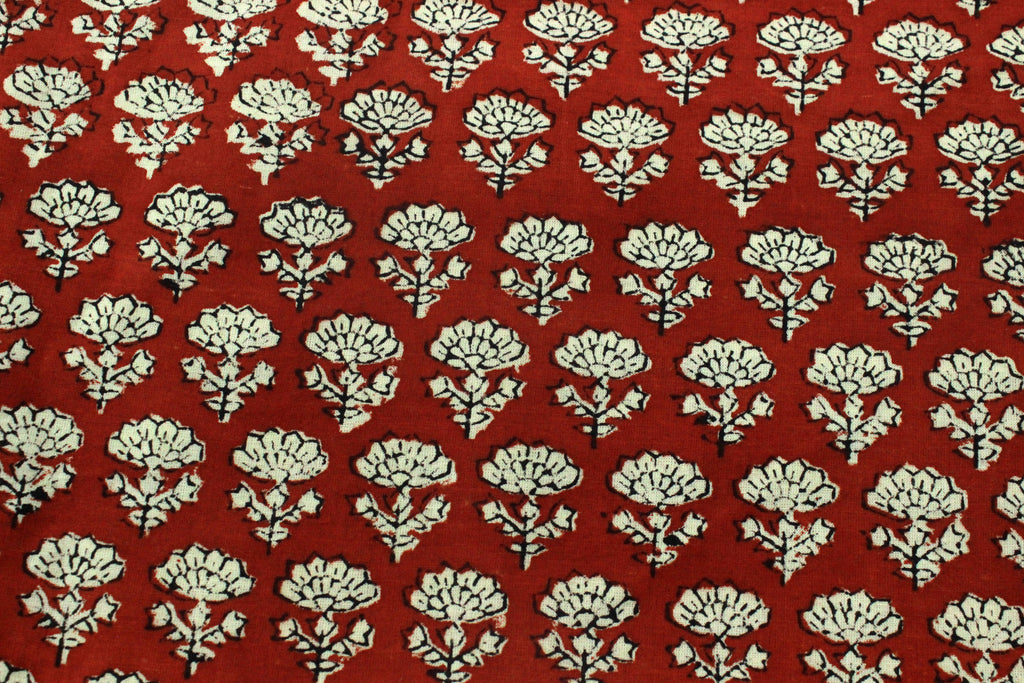 Red & Beige Floral Block Print Fabric: 100% Linen or Cotton by the Yard
