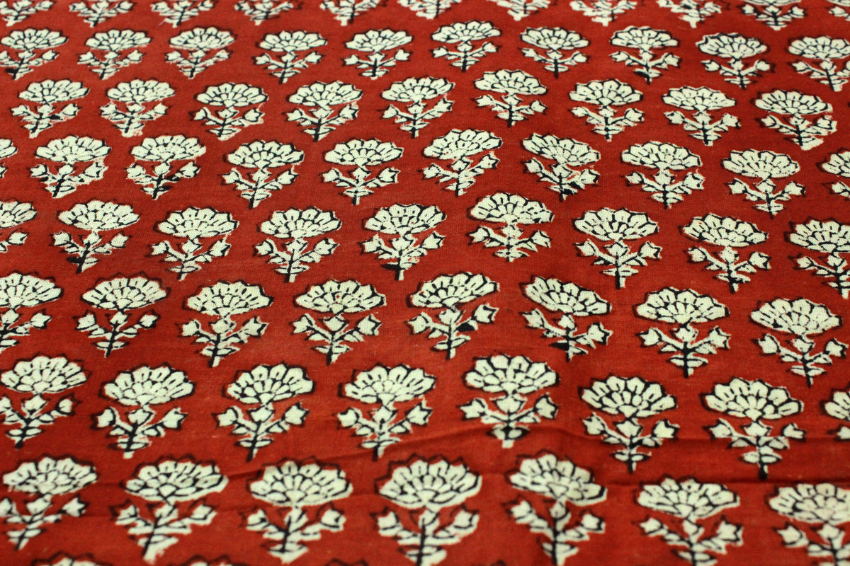 Red & Beige Floral Block Print Fabric: 100% Linen or Cotton by the Yard