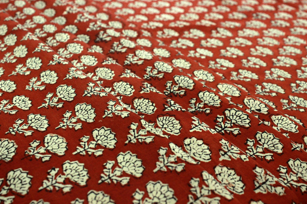 Red & Beige Floral Block Print Fabric: 100% Linen or Cotton by the Yard