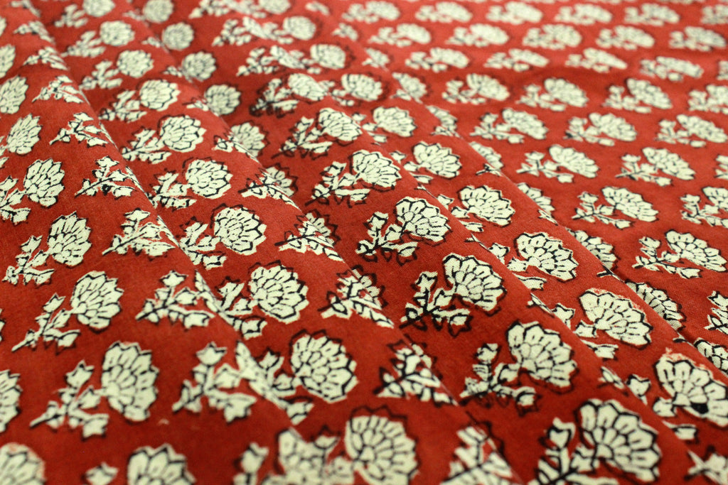 Red & Beige Floral Block Print Fabric: 100% Linen or Cotton by the Yard