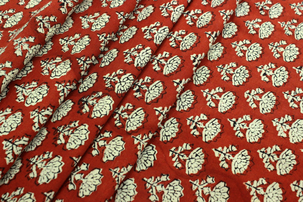 Red & Beige Floral Block Print Fabric: 100% Linen or Cotton by the Yard