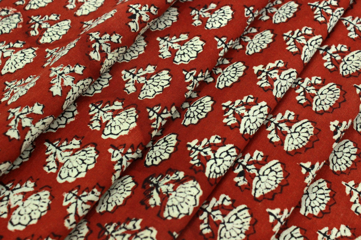 Red & Beige Floral Block Print Fabric: 100% Linen or Cotton by the Yard