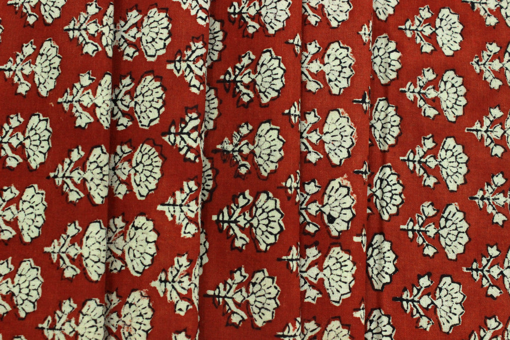 Red & Beige Floral Block Print Fabric: 100% Linen or Cotton by the Yard