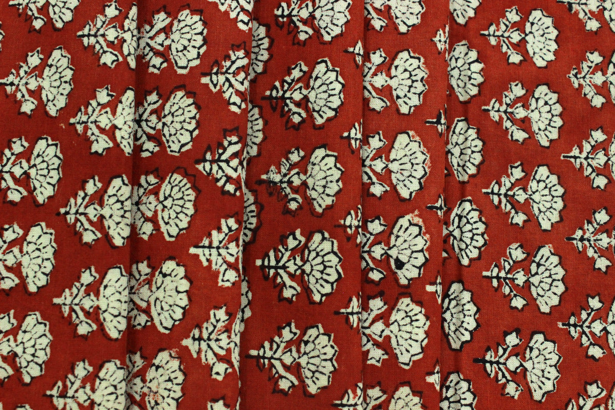 Red & Beige Floral Block Print Fabric: 100% Linen or Cotton by the Yard