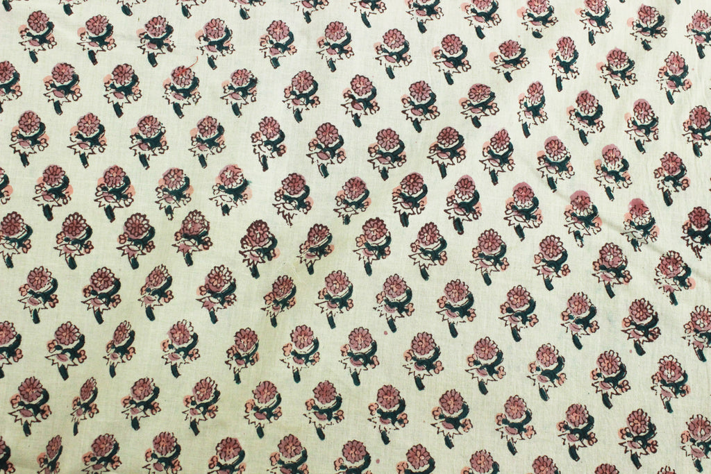 Mughal Floral Linen Fabric: Pink, Green & White Block Print