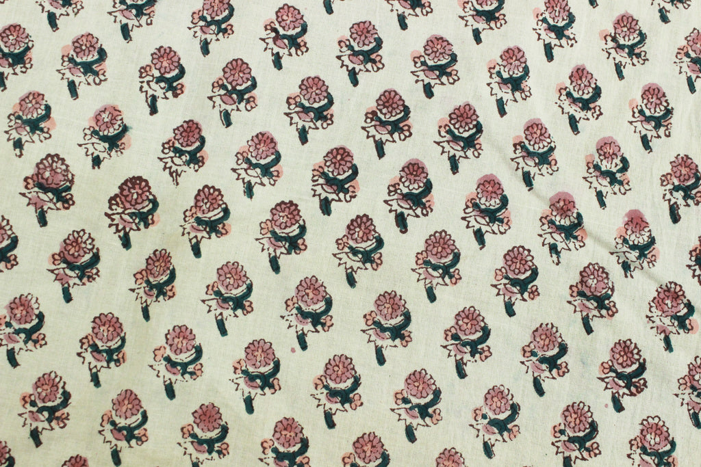 Mughal Floral Linen Fabric: Pink, Green & White Block Print