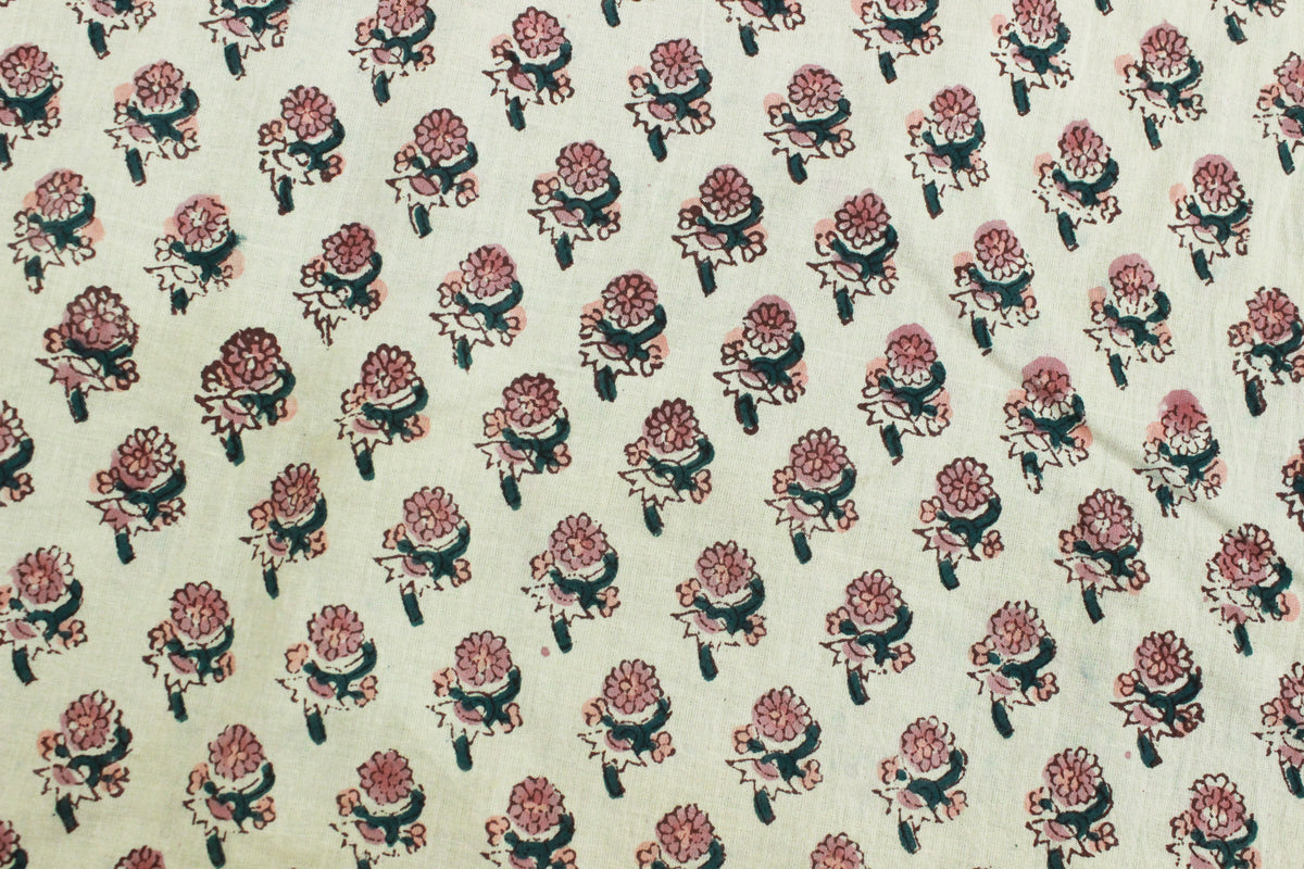 Mughal Floral Linen Fabric: Pink, Green & White Block Print
