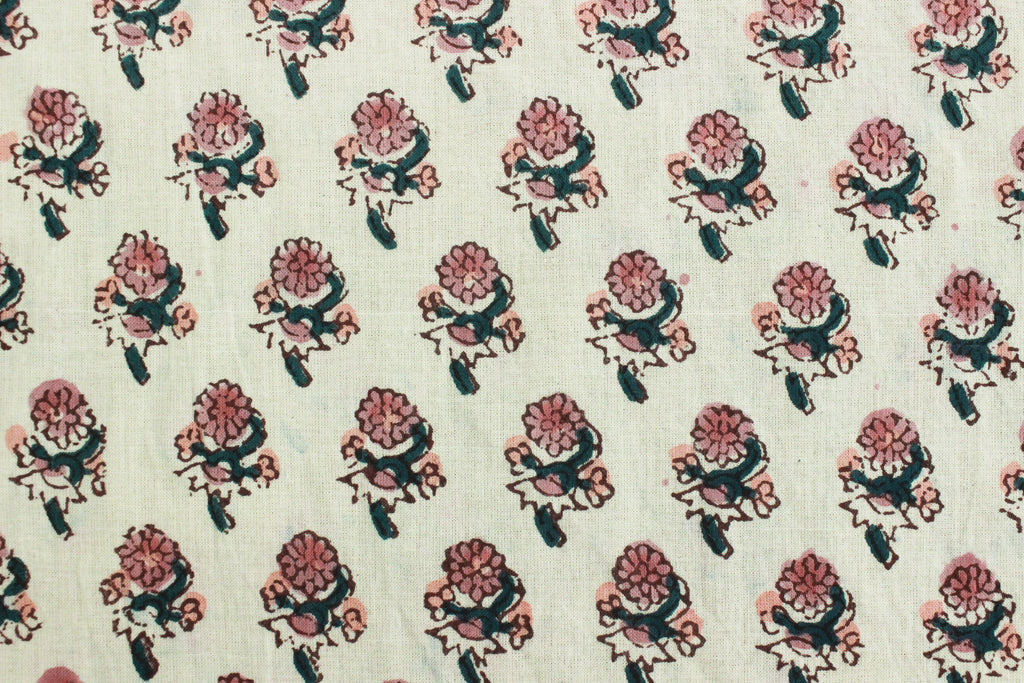 Mughal Floral Linen Fabric: Pink, Green & White Block Print