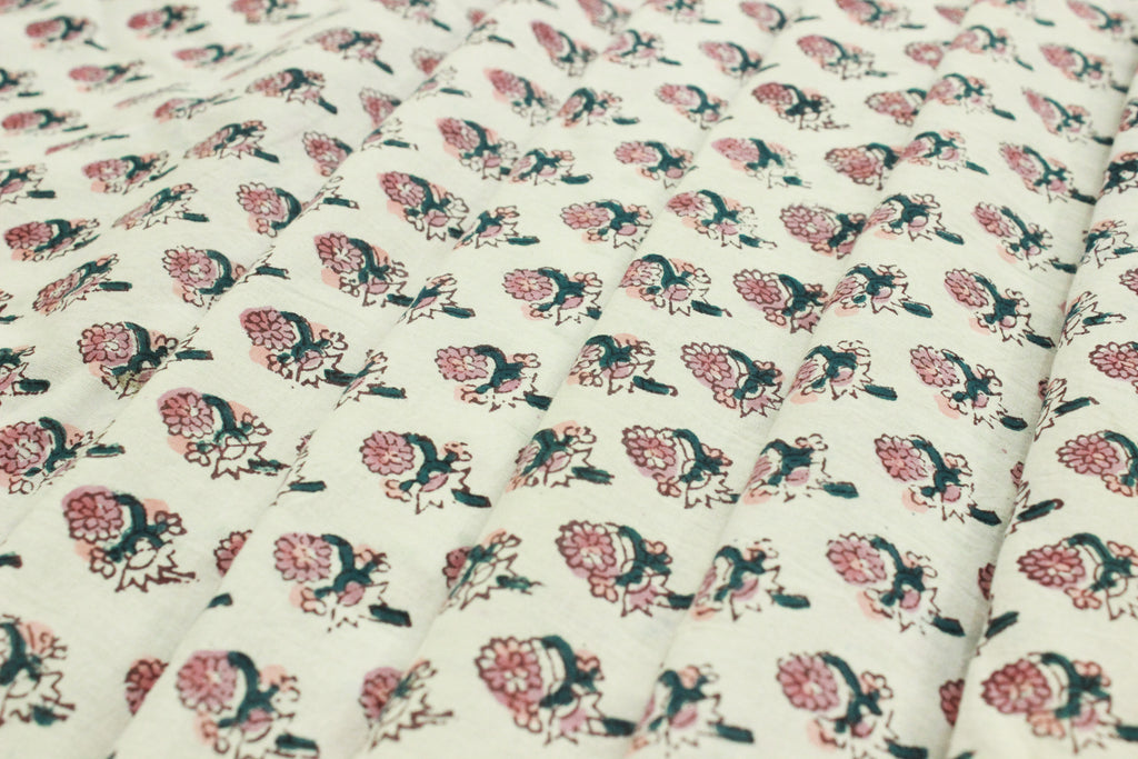 Mughal Floral Linen Fabric: Pink, Green & White Block Print