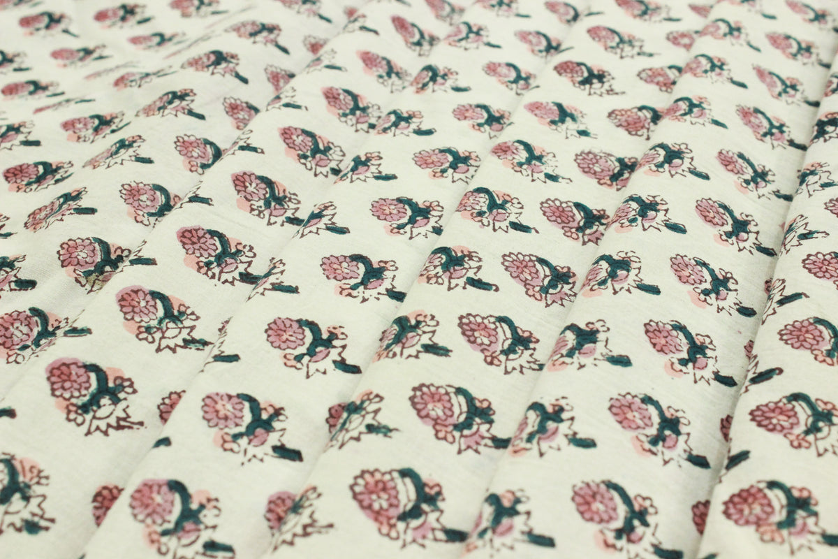 Mughal Floral Linen Fabric: Pink, Green & White Block Print