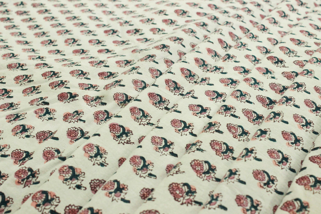 Mughal Floral Linen Fabric: Pink, Green & White Block Print