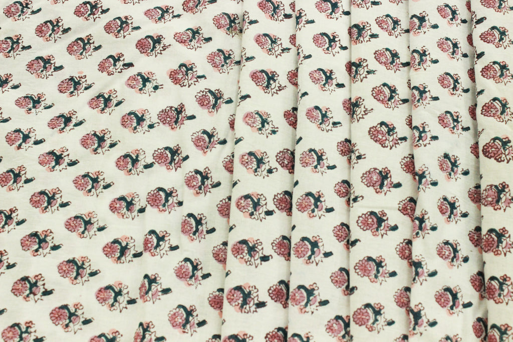Mughal Floral Linen Fabric: Pink, Green & White Block Print