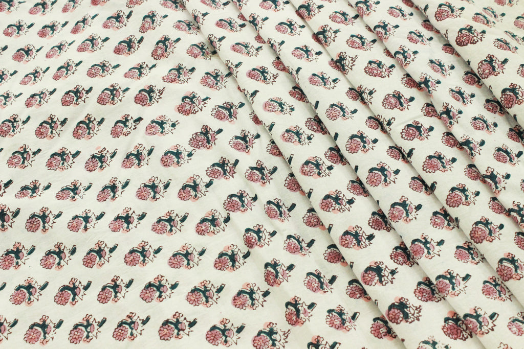 Mughal Floral Linen Fabric: Pink, Green & White Block Print
