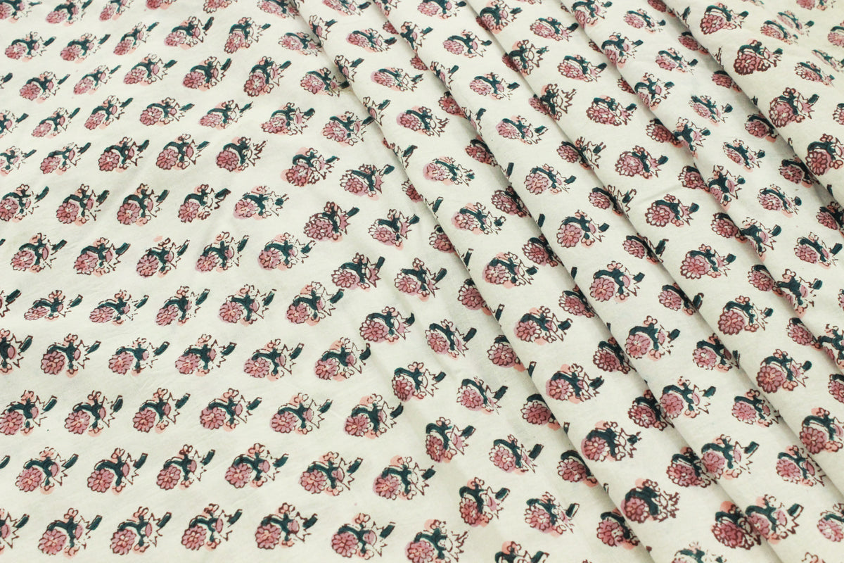 Mughal Floral Linen Fabric: Pink, Green & White Block Print