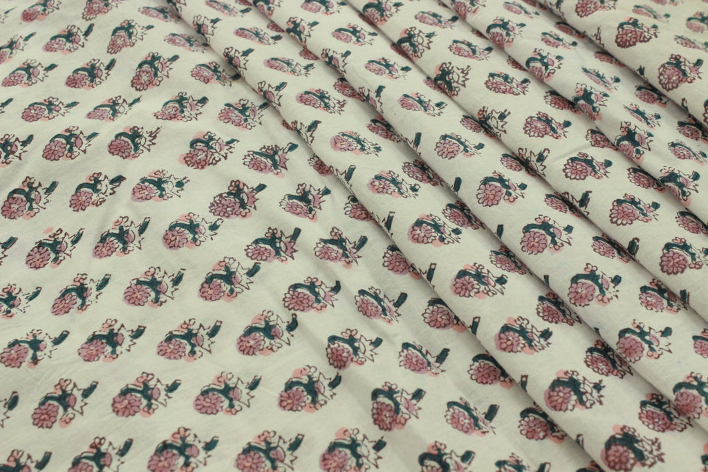 Mughal Floral Linen Fabric: Pink, Green & White Block Print